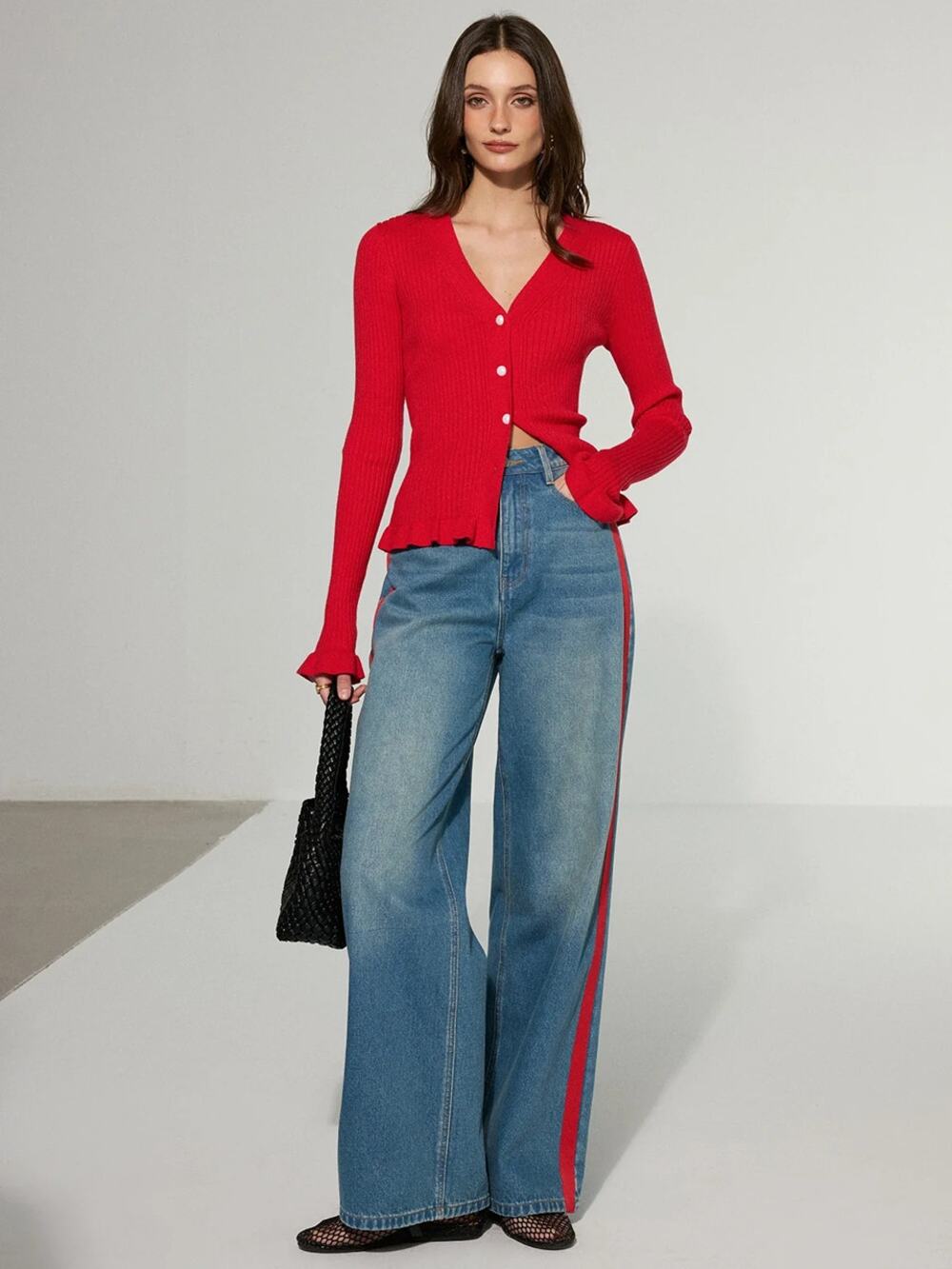 Commense Contrast Side Striped High Rise Denim Wide Leg Jeans Blue L NWT